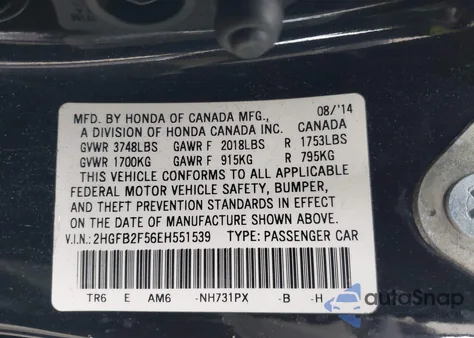 2014 Honda Civic Lx from USA, damaged, VIN 2HGFB2F56EH551539